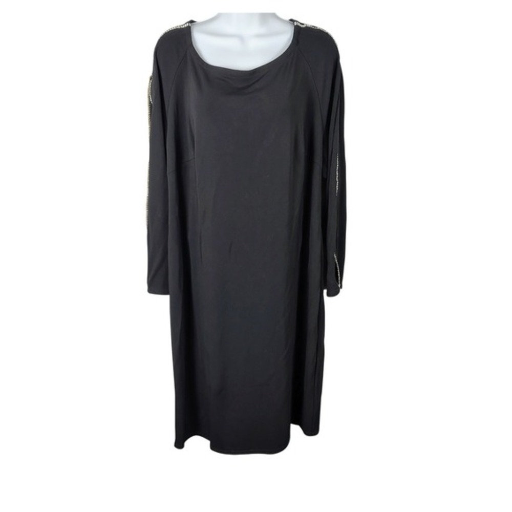 Onyx Nite Wendye Chaitin Black Rhinestone Pearl Sleeve Shift Dress 16‎ USA dark